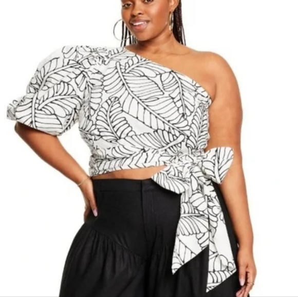 Fe Noel Puffy Palm Leaf Wrap around Tie Bow Top Plus Size Women's 30 New - Picture 1 of 5